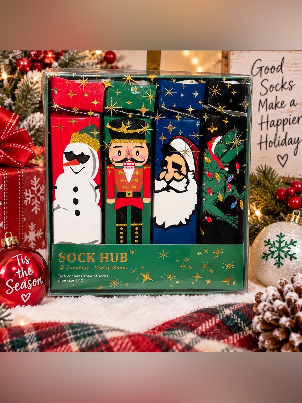 NWT Sock Hub Holiday Collection Surprise Twist Boxes 4-Pack Socks Size 6-12